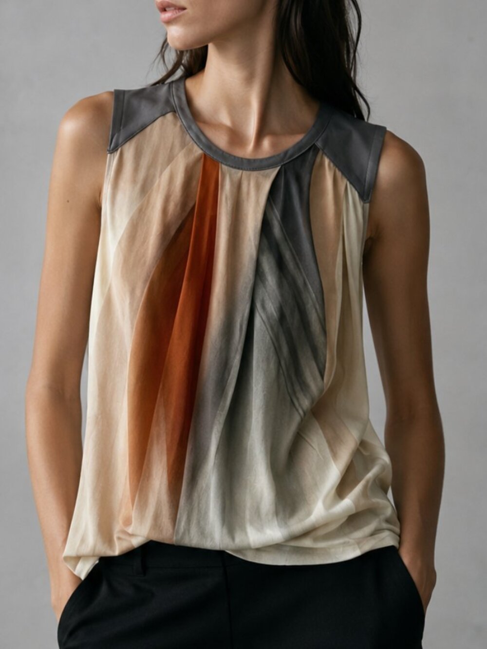 HELMUT LANG | Ombre Draped Tank Top with Leather Shoulder Accents Size PXS